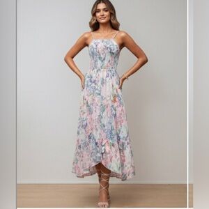 Floral Print Ruffle Asymmetrical Hem Shirred Cami Dress
